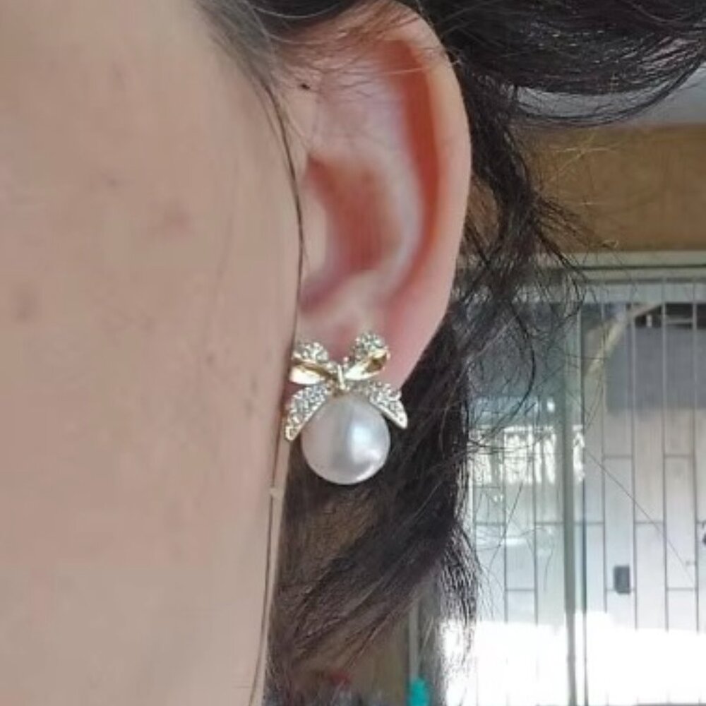 Wedding Bow Stud Earrings for Women's Rhinestones Pearls Party Gift Jewelry - Picture 2 of 3